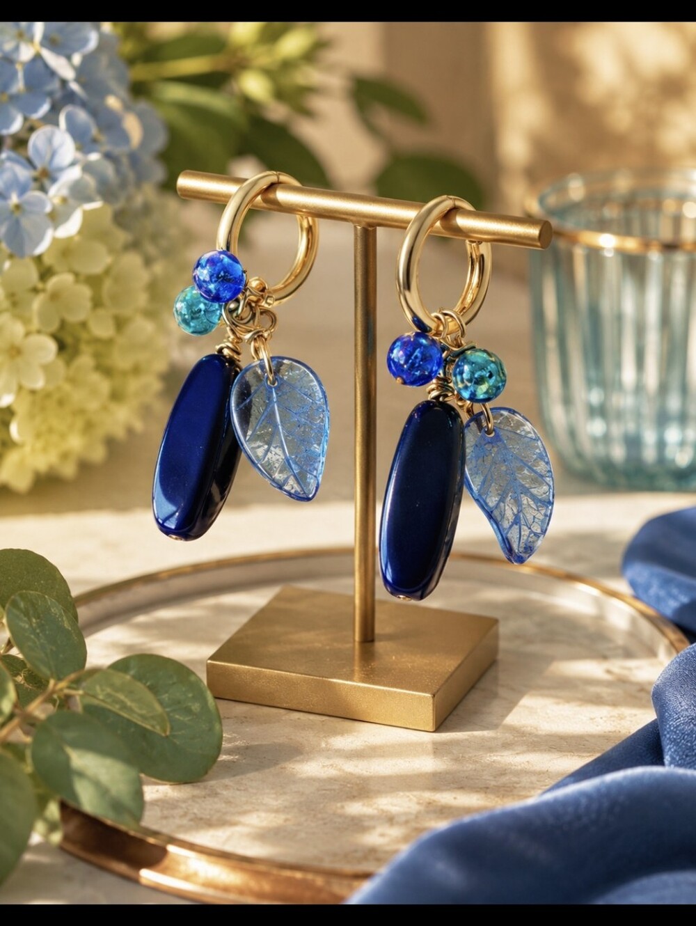 18k Gold Plated Handcrafted Earrings With Bule Galss Beads